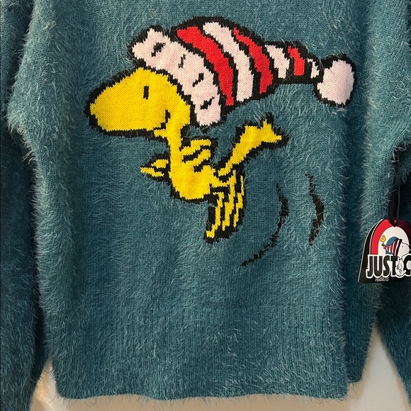 NWT PEANUTS X JUSTICE Teal Sweater Hoodie with Woodstock in Festive Cap, Sz S - Picture 4 of 8